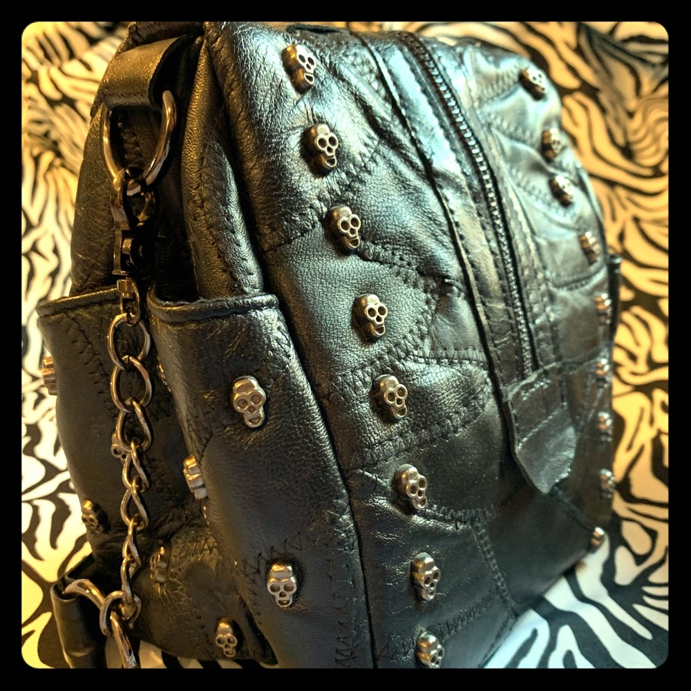Black leather patchwork handbag chain skull biker